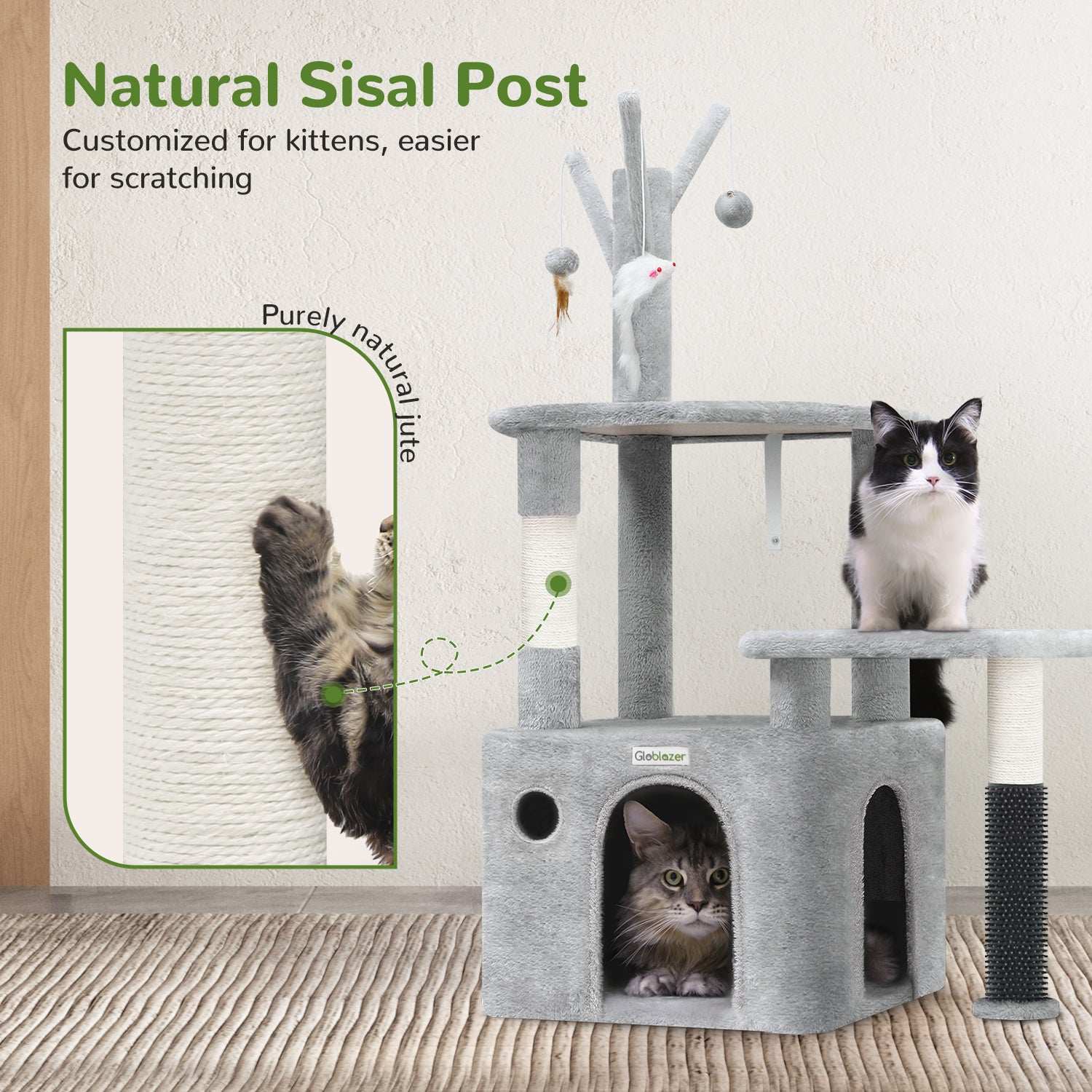 Wefulfil Grey Cat Tree Tower with natural sisal post for kittens, multiple levels and cozy hideout