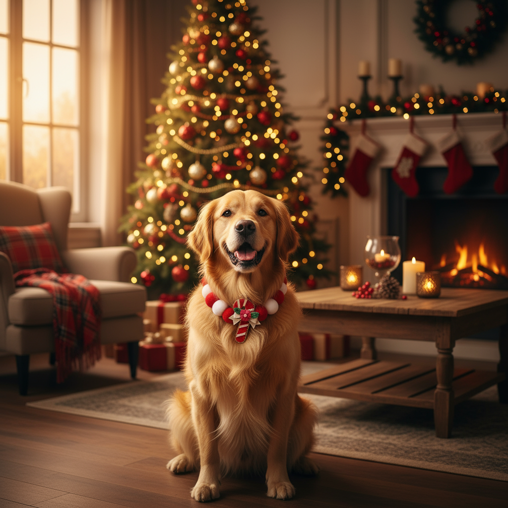 Golden Retriever with Christmas collar
