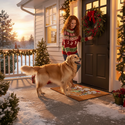 Happy Pawlidays Doormat - Christmas Porch Scene