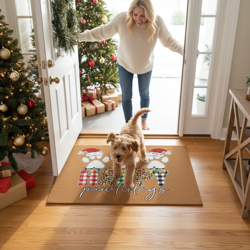 Happy Pawlidays Doormat - Overhead Morning Welcome