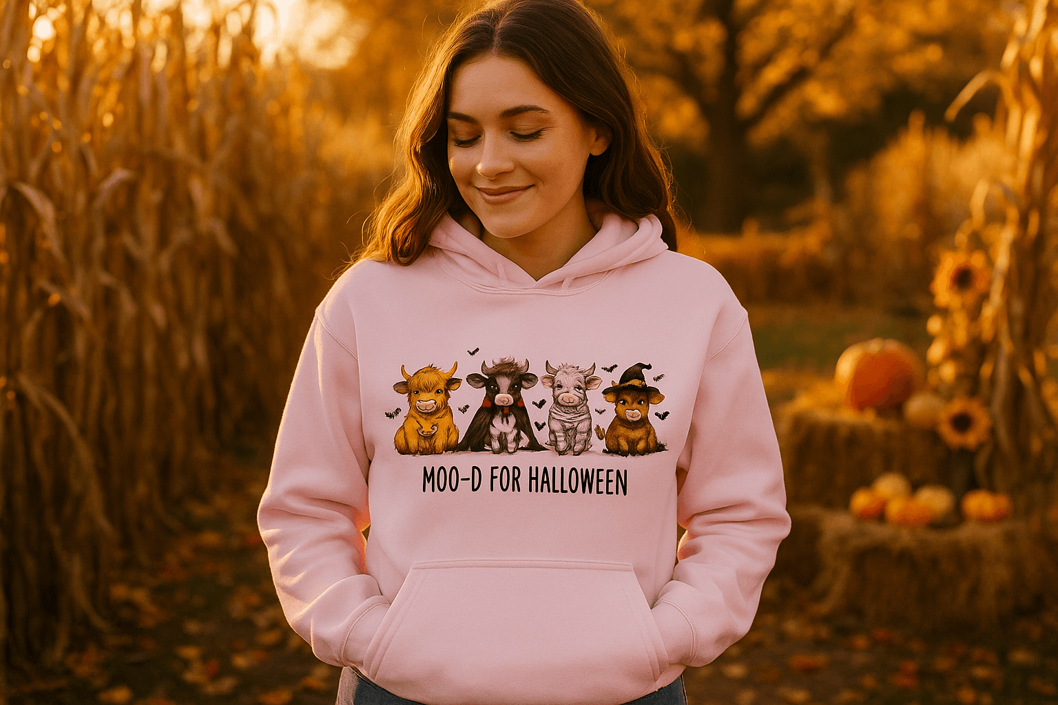 Moo-d Halloween Hoodie Sweatshirt - Highland Cow Print - Purrfect Pet Haven