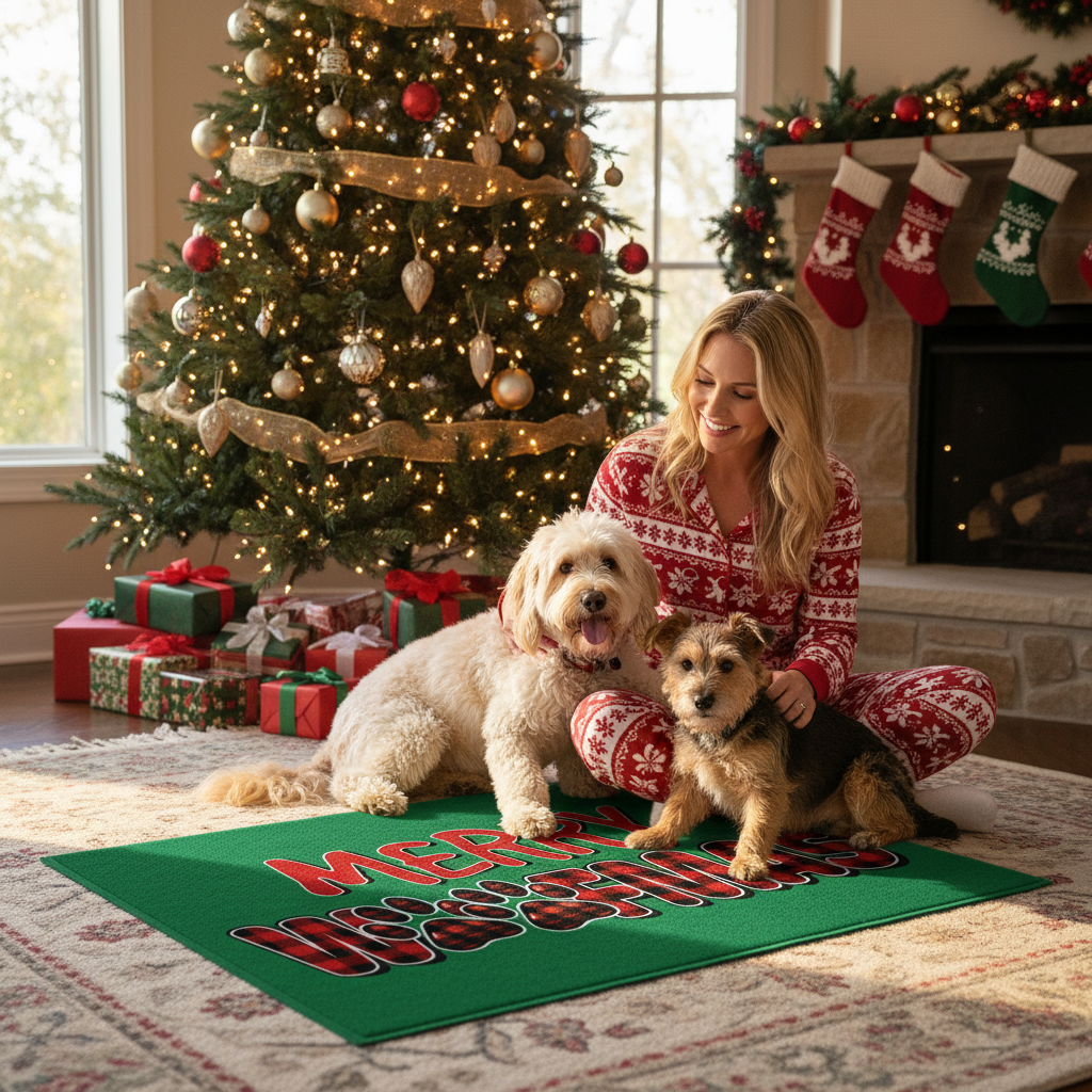 Indoor Christmas scene with blonde woman and dogs on Merry Woofmas rug