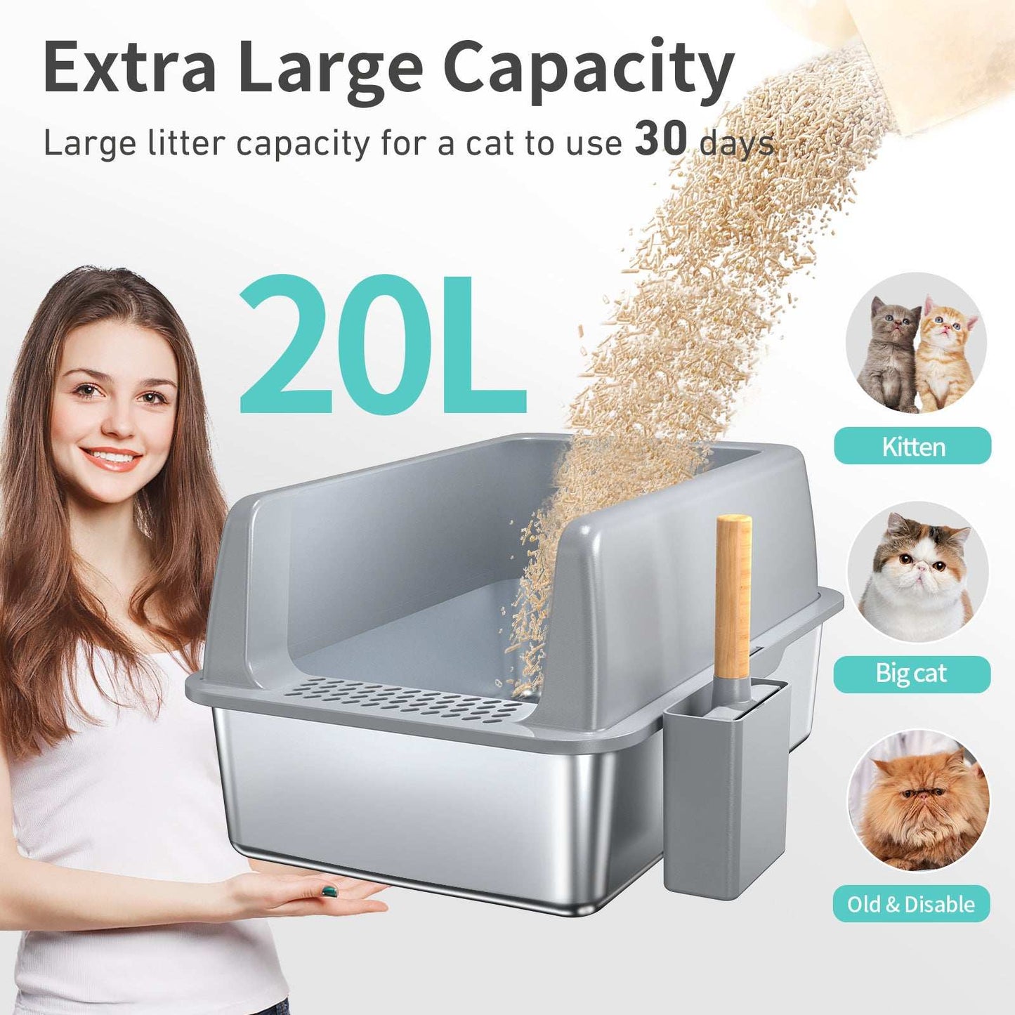 Wefulfil Large 6 Inch Bottom Basin cat litter box with extra large 20L capacity and scoop