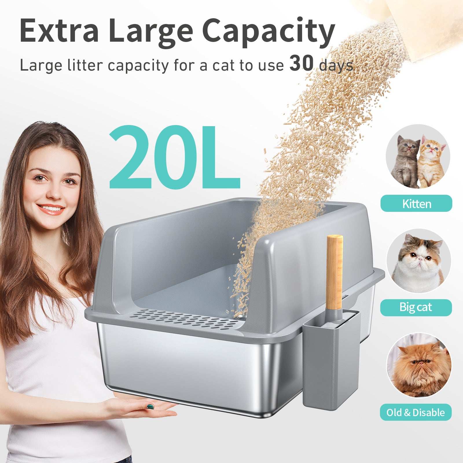 Wefulfil Large 6 Inch Bottom Basin cat litter box with extra large 20L capacity and scoop