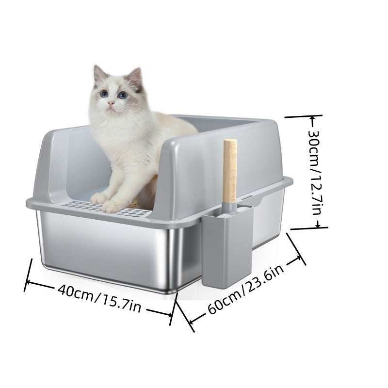 Wefulfil pet litter box with large 6 inch bottom basin and scoop with wooden handle featuring a white cat inside