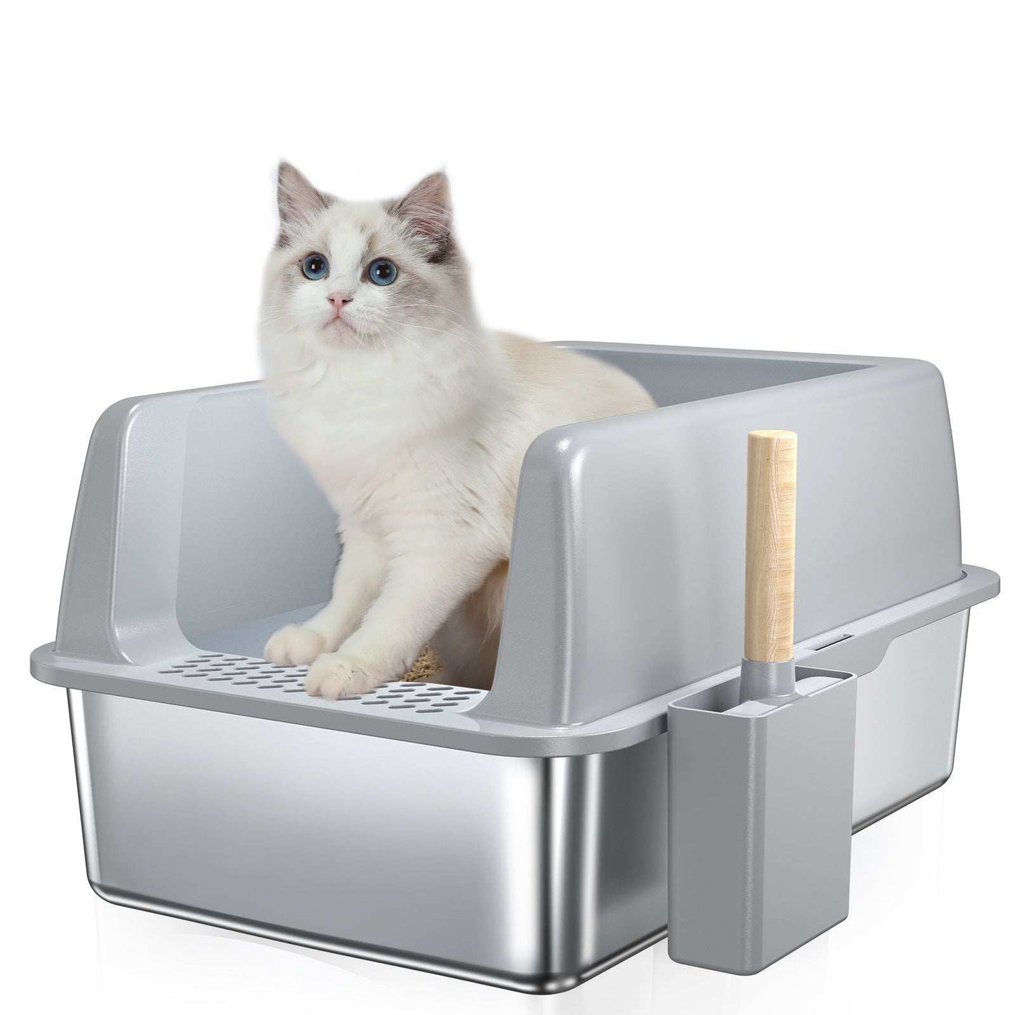 Wefulfil pet litter box with a Large 6 Inch Bottom Basin featuring a white cat inside and cleaning scoop attached