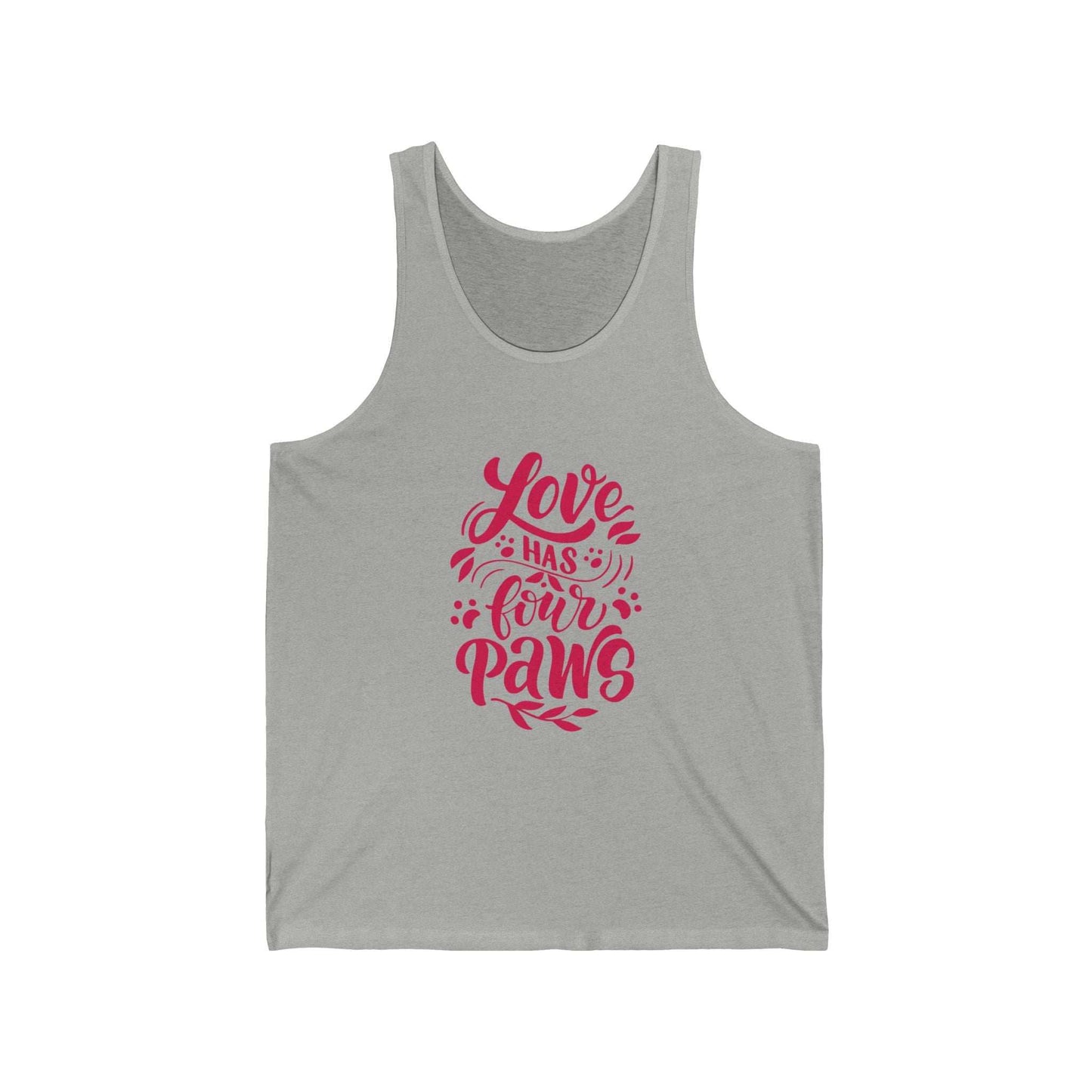 Gray Printify tank top with red Love Has Four Paws text and paw print design