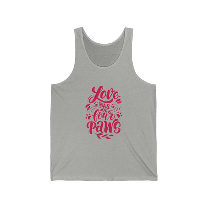 Gray Printify tank top with red Love Has Four Paws text and paw print design