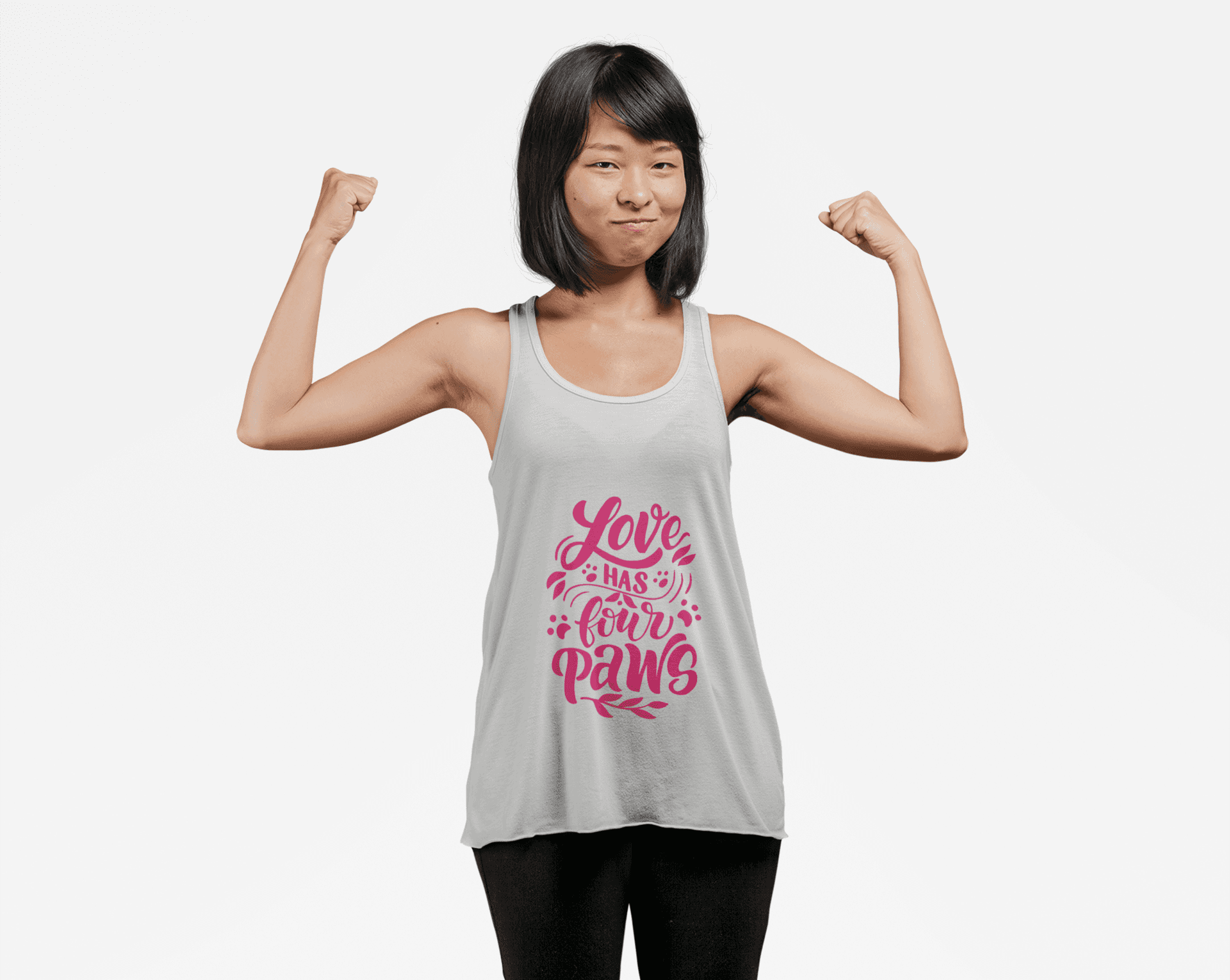 Woman wearing a white tank top with pink Love Has Four Paws text design by Printify