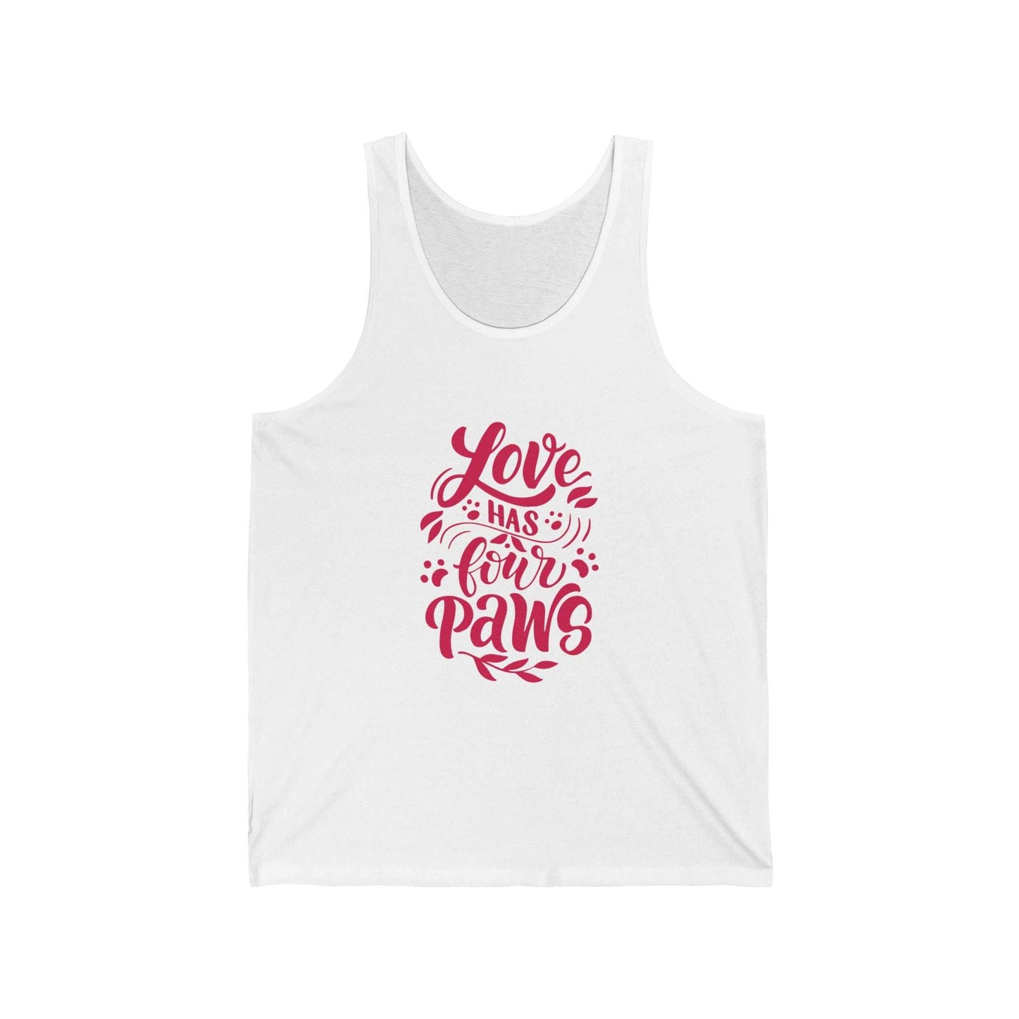 White Printify tank top with red Love Has Four Paws text and paw print design