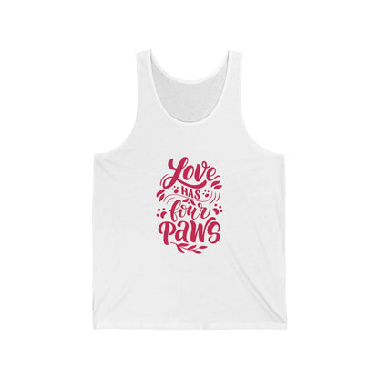 White Printify tank top with red Love Has Four Paws text and paw print design