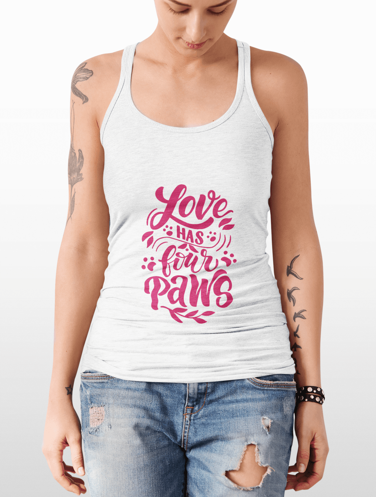 White tank top by Printify with red Love Has Four Paws design worn by tattooed model