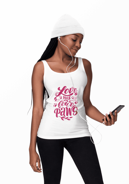 White tank top with Love Has Four Paws design worn by woman listening to music with earphones
