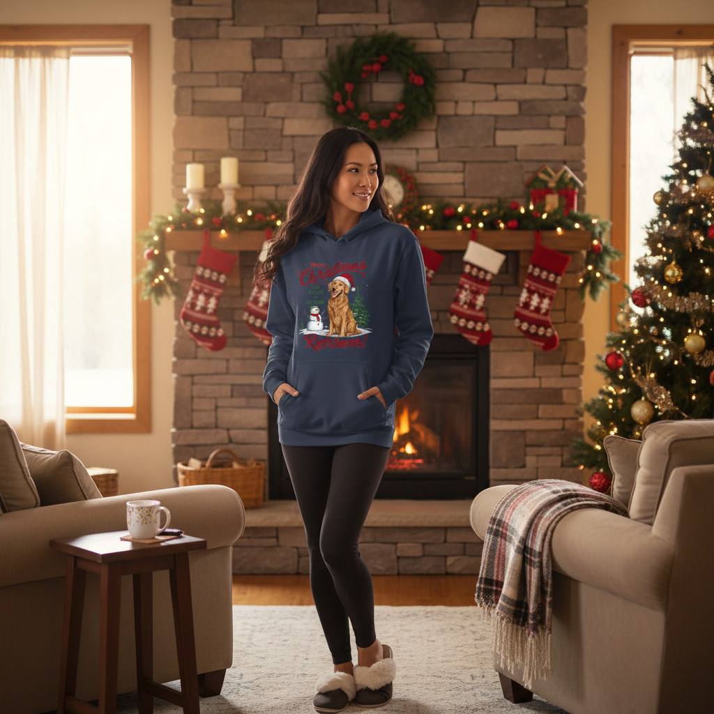 Merry Christmas Red Nose Retriever Navy Hoodie Lifestyle