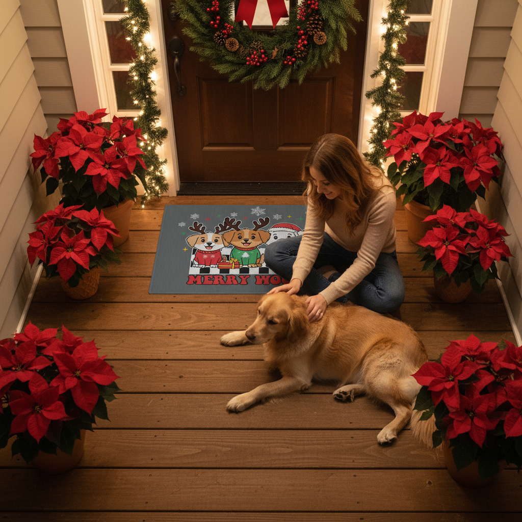 Merry Woofmas doormat from high overhead angle