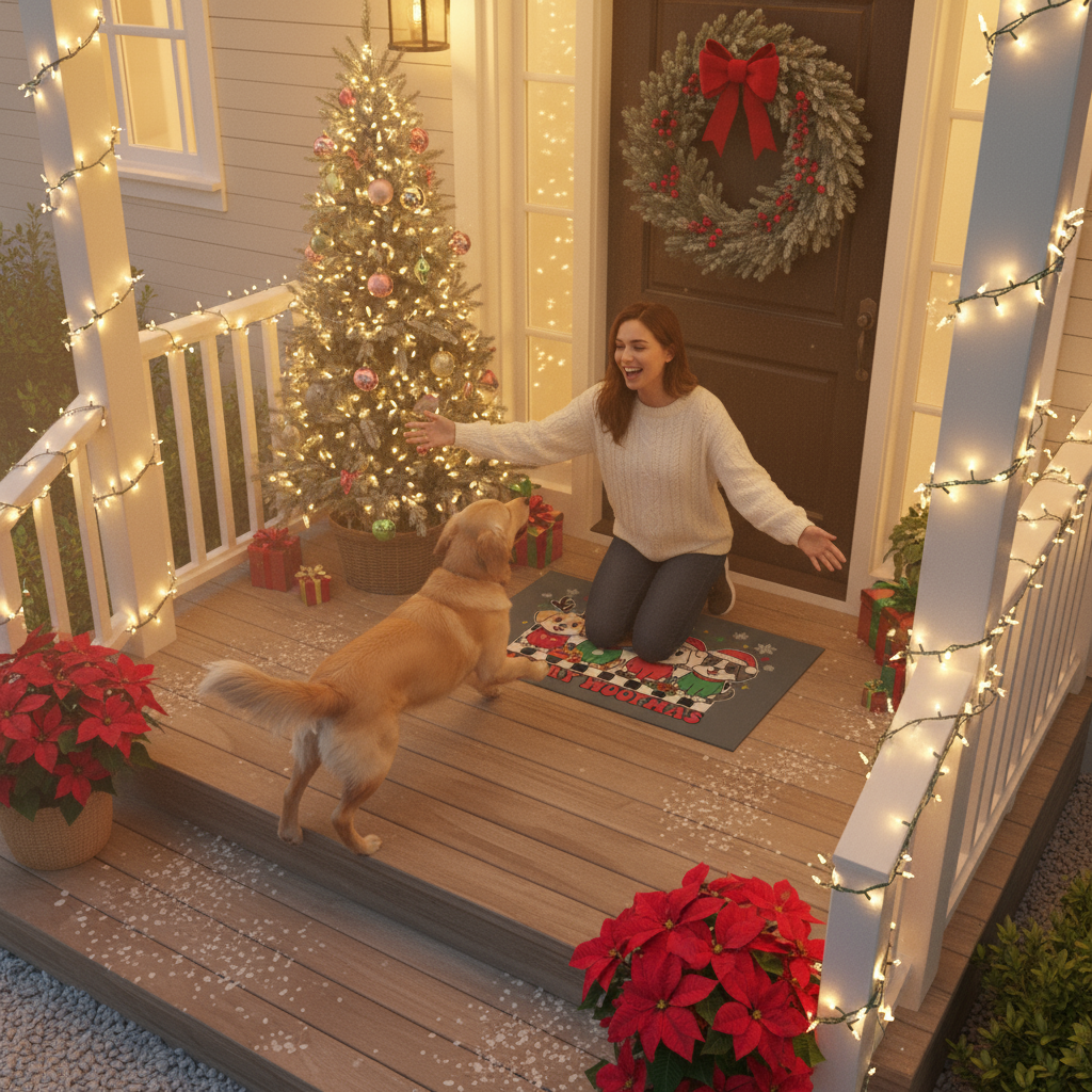 Merry Woofmas doormat on festive Christmas porch