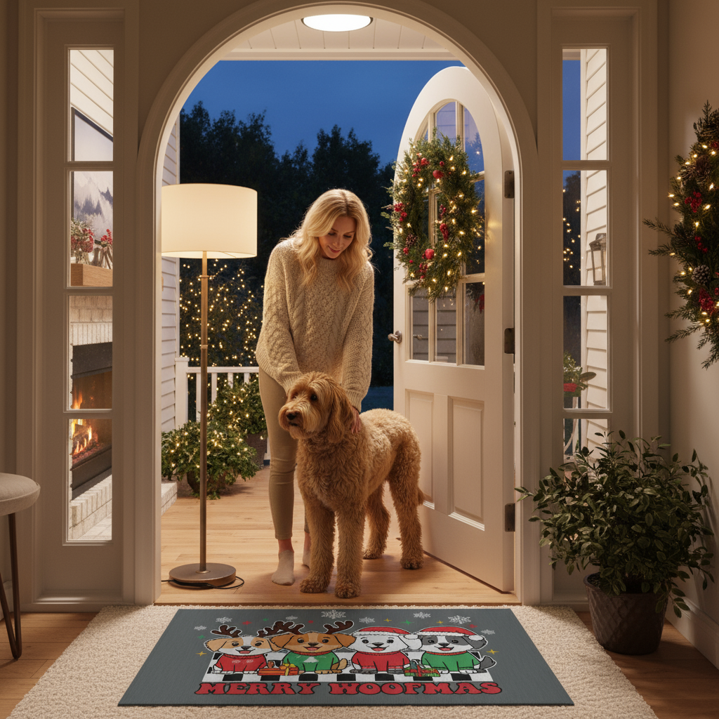 Merry Woofmas doormat viewed from inside house