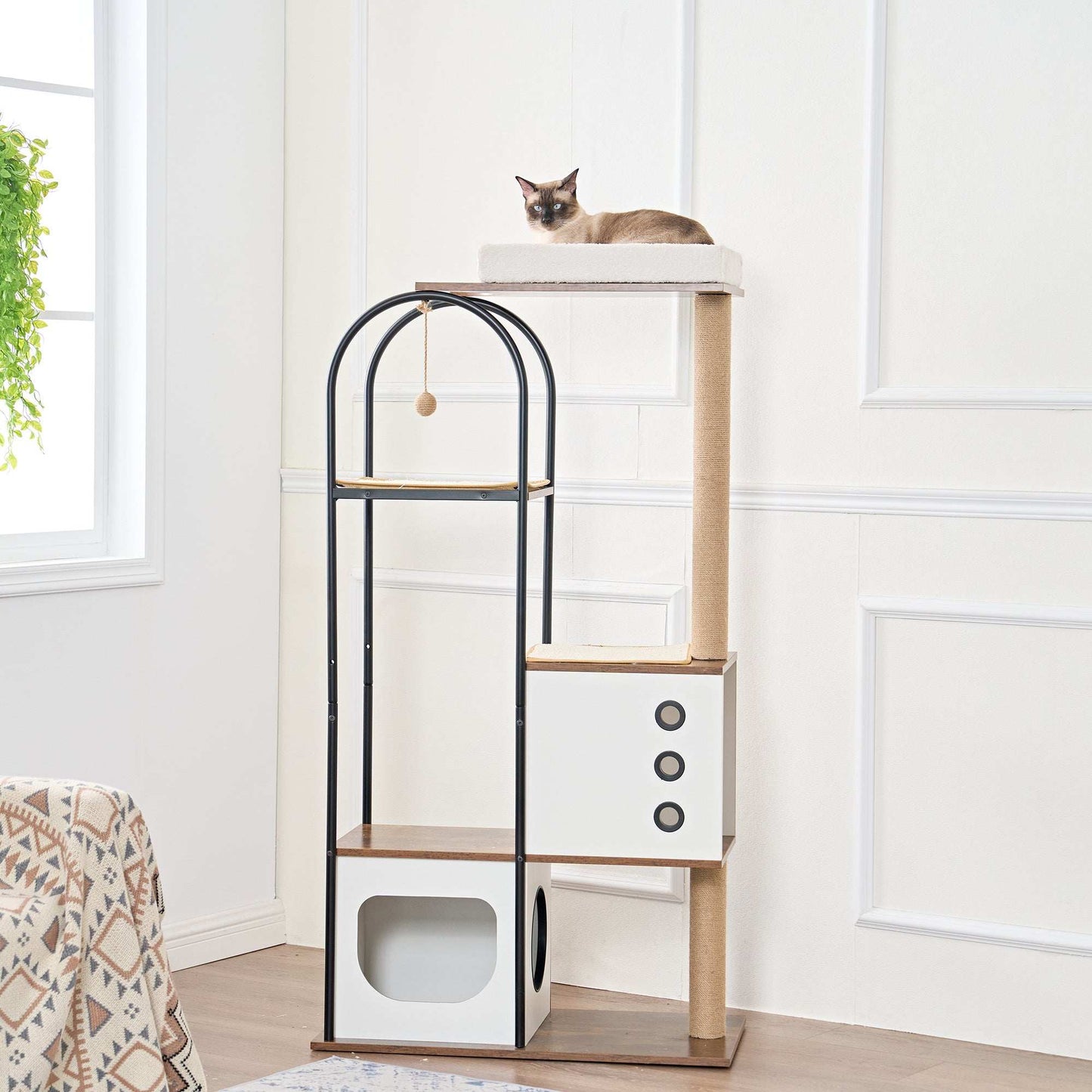 Wefulfil Modern Arched Cat Tree Tower with multi-level platforms and cozy hideout for cats