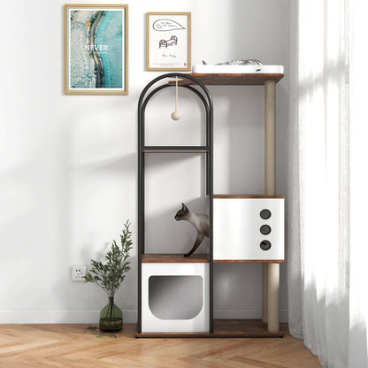 Wefulfil Modern Arched Cat Tree Tower in living room with cat playing on wooden and white platform