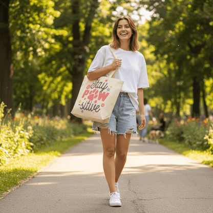 Stay Pawsitive Tote Bag with Paw Prints for Pet Lovers - Purrfect Pet Haven