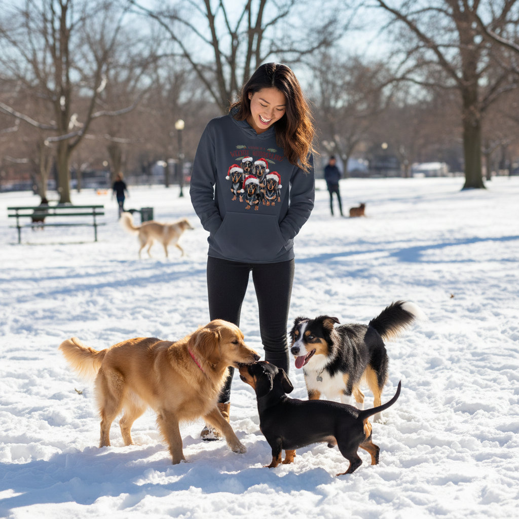 Navy Weenie Wonderland hoodie lifestyle image