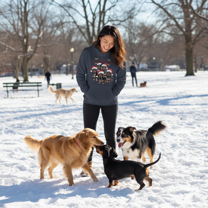 Navy Weenie Wonderland hoodie lifestyle image