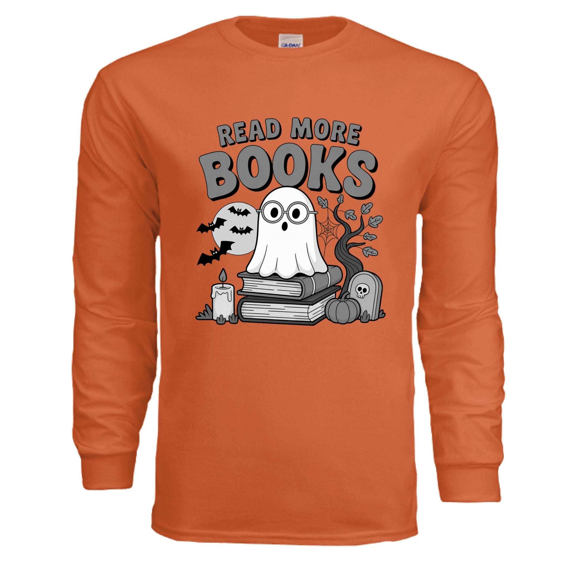 Read More Books Cute Ghost Orange Long Sleeve Shirt - Bookworm Halloween Tee - Purrfect Pet Haven