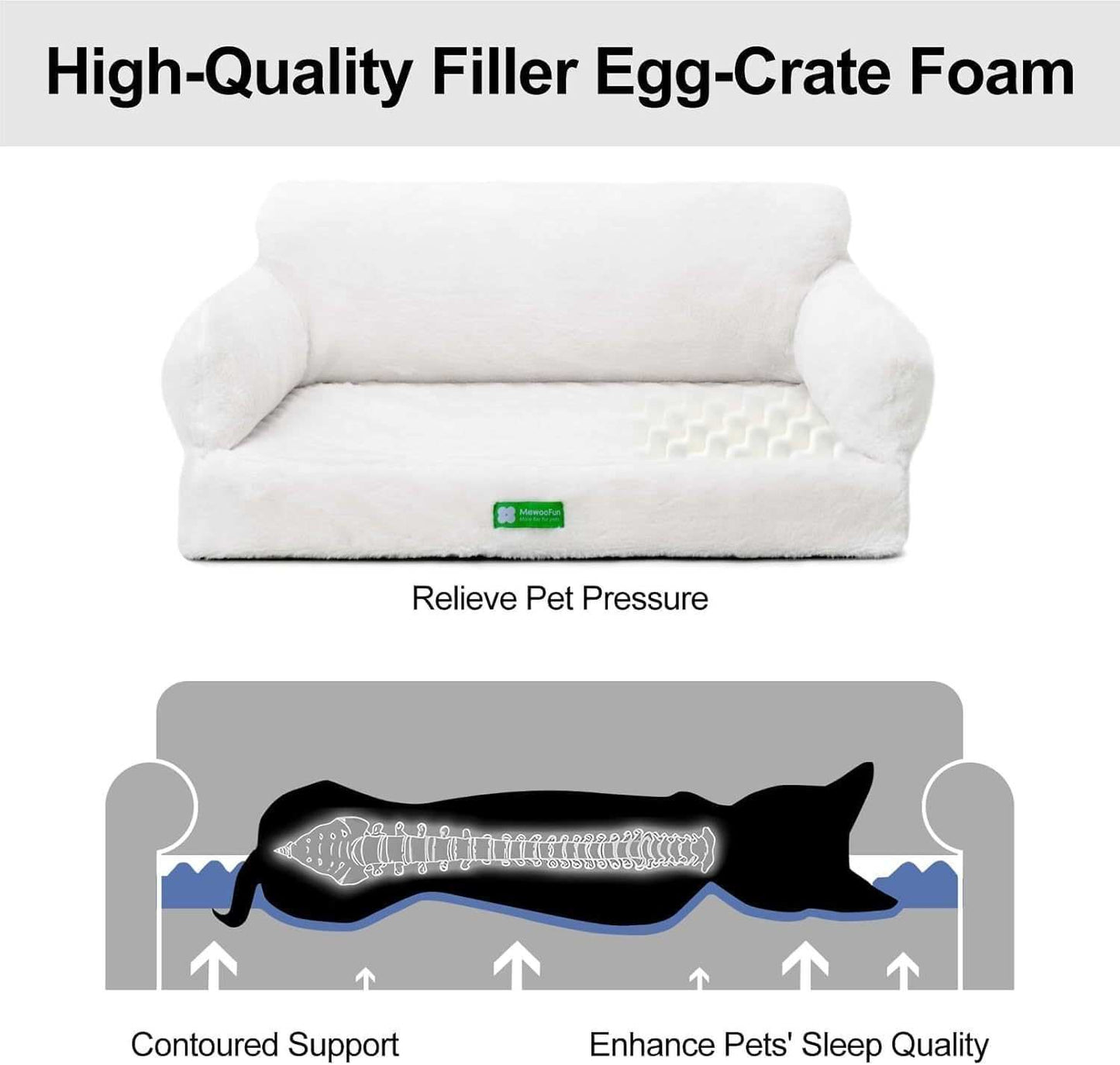 White orthopedic egg foam sofa for pets with contoured support and pressure relief features