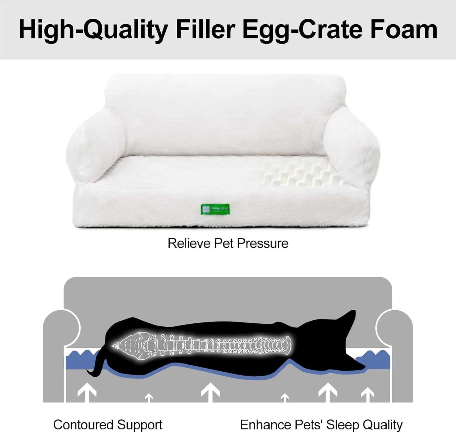 White orthopedic egg foam sofa for pets with contoured support and pressure relief features