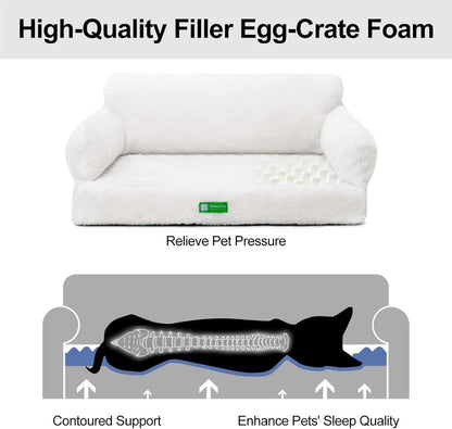 White orthopedic egg foam sofa for pets with contoured support and pressure relief features
