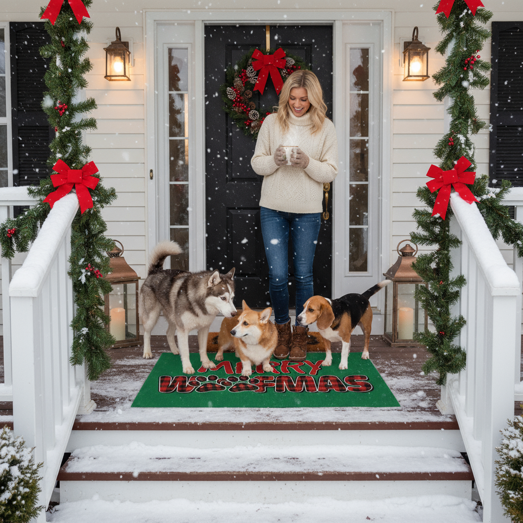 Outdoor snowy porch with blonde woman and three dogs on Merry Woofmas rug