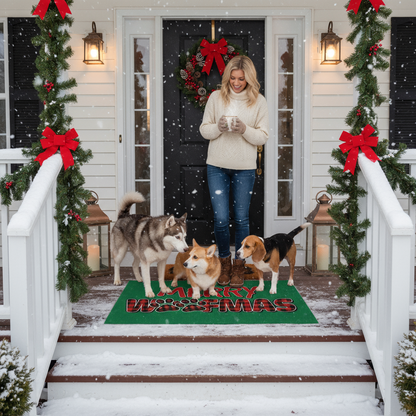 Outdoor snowy porch with blonde woman and three dogs on Merry Woofmas rug