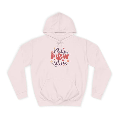 Printify light pink hoodie with Stay Pawsitive Unisex Hoodie paw print graphic and kangaroo pocket