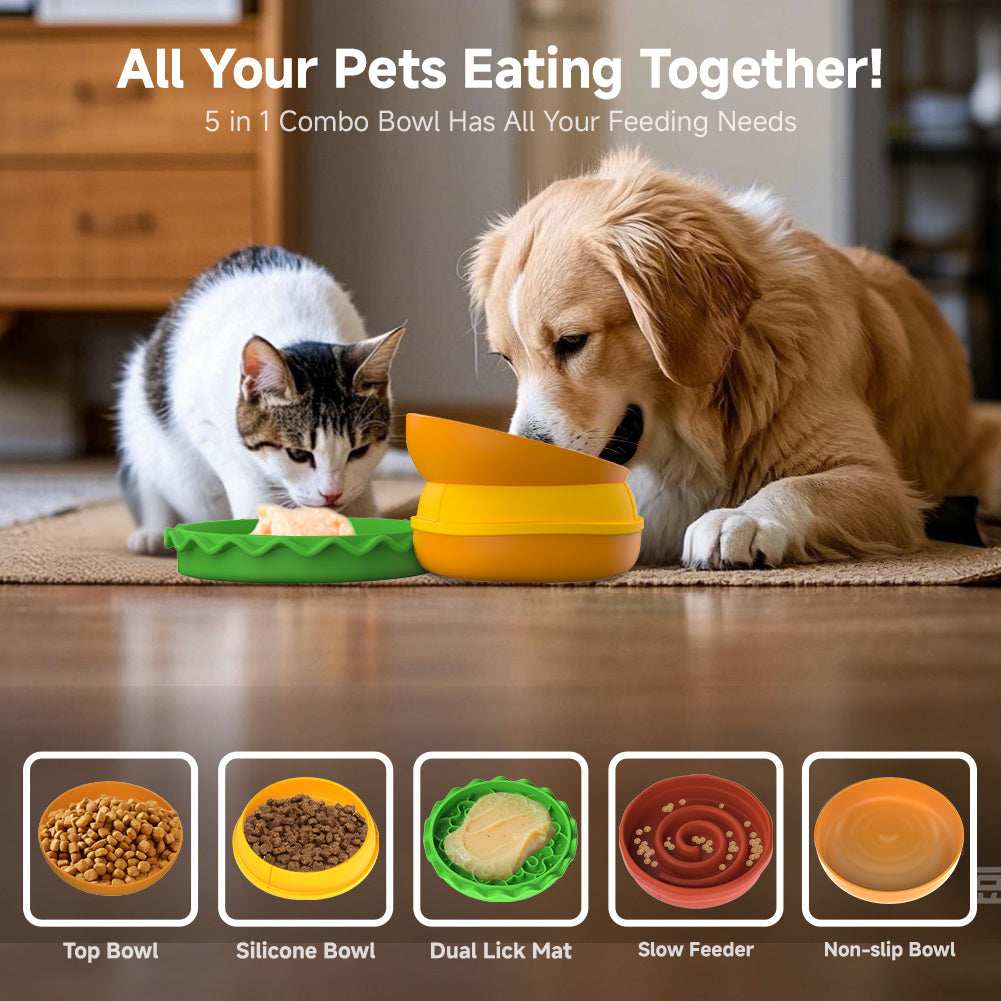 Hamburger Pet Bowl Set - 5-in-1 Slow Feeder with Lick Mat - Purrfect Pet Haven