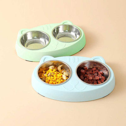 Wefulfil Pet Feeder Stainless Steel Bowls set with double compartments in pastel blue and green