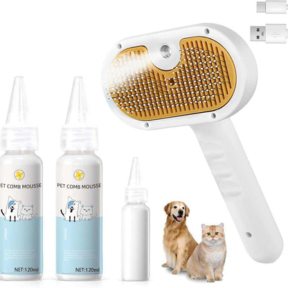 Wefulfil Pet Grooming Comb with Mousse featuring a white handheld brush, mousse bottles, and USB charger for pet care