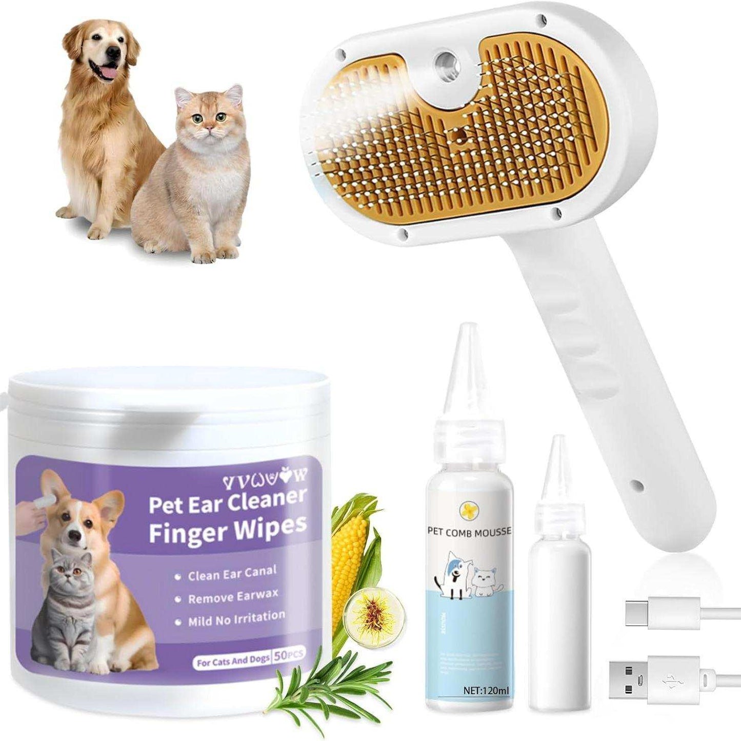 Wefulfil Pet Grooming Comb with Mousse set including ear cleaner wipes, mousse bottles, and USB charging cable