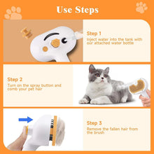 Wefulfil Pet Grooming Comb with Mousse showing steps to inject water, spray and comb pet hair, and remove fallen hair