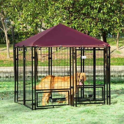 Outdoor Kennel With Rotating Bowl Rack, Walk-in Pet Playpen, Welded Wire Steel Dog Pen, With Waterproof And UV Resistant Awning - Purrfect Pet Haven