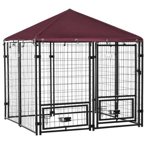 Outdoor Kennel With Rotating Bowl Rack, Walk-in Pet Playpen, Welded Wire Steel Dog Pen, With Waterproof And UV Resistant Awning - Purrfect Pet Haven