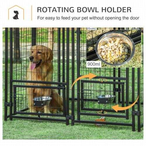 Outdoor Kennel With Rotating Bowl Rack, Walk-in Pet Playpen, Welded Wire Steel Dog Pen, With Waterproof And UV Resistant Awning - Purrfect Pet Haven