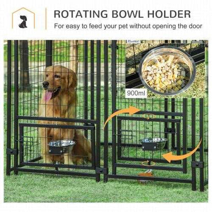 Outdoor Kennel With Rotating Bowl Rack, Walk-in Pet Playpen, Welded Wire Steel Dog Pen, With Waterproof And UV Resistant Awning - Purrfect Pet Haven