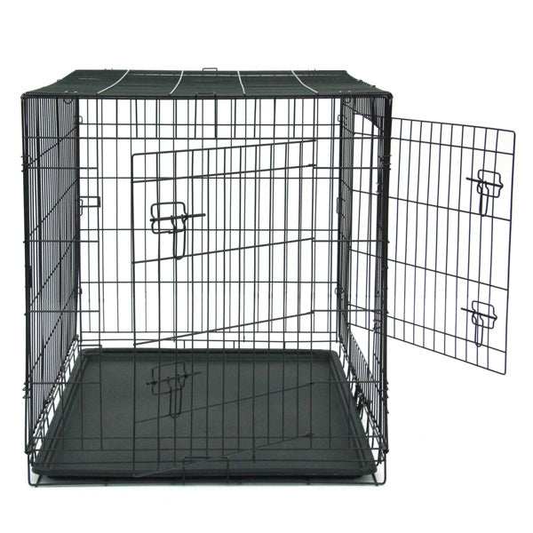 42 Inch Iron Foldable With Divider Plastic Tray Black Dog Cage - Purrfect Pet Haven