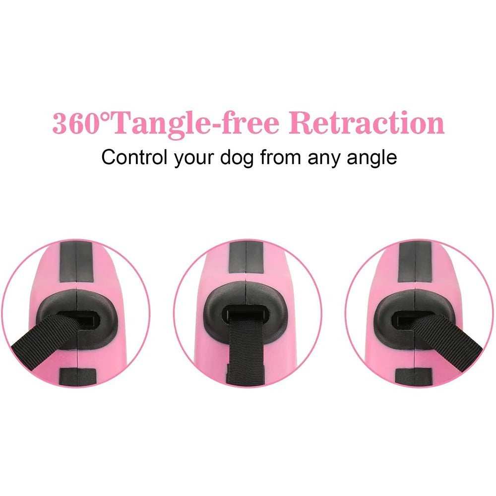 Wefulfil pink Retractable Dog Leash showing 360 degree tangle free retraction mechanism