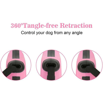 Wefulfil pink Retractable Dog Leash showing 360 degree tangle free retraction mechanism