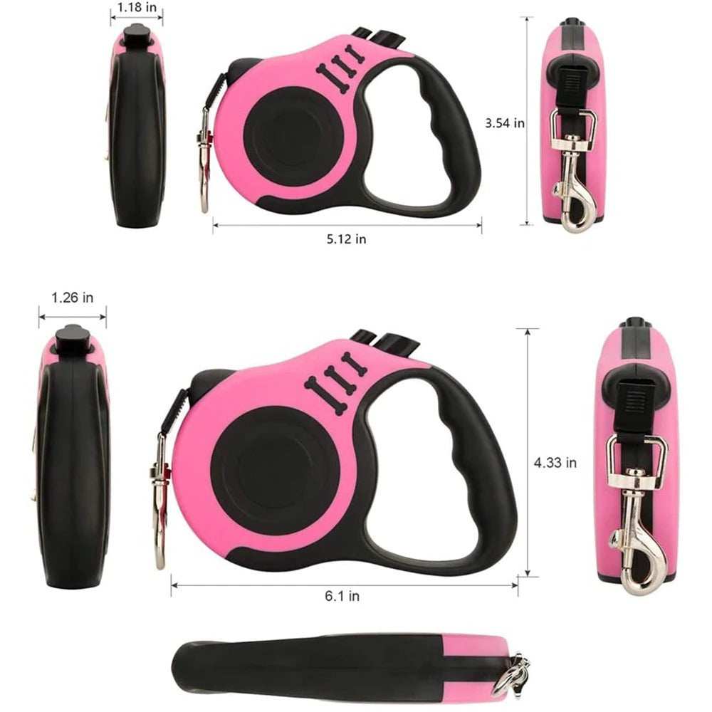 Wefulfil Retractable Dog Leash pink and black multiple angle views ergonomic handle metal clasp