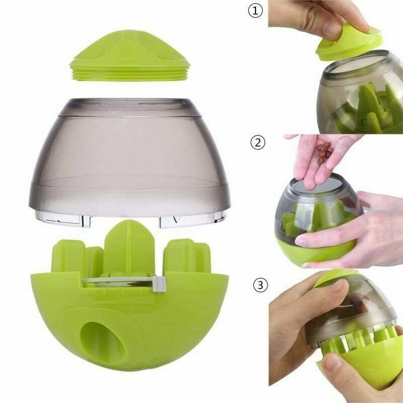 Wefulfil Puppy Feeder Dispenser Bowl in green and gray showing parts and how to fill with treats