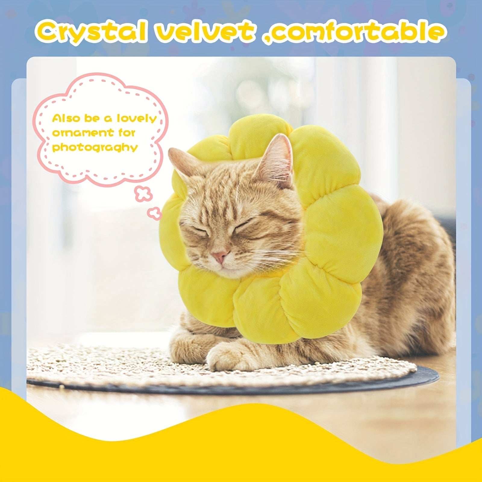 Wefulfil Recovery Neck Cone in yellow crystal velvet on a relaxed cat for pet comfort