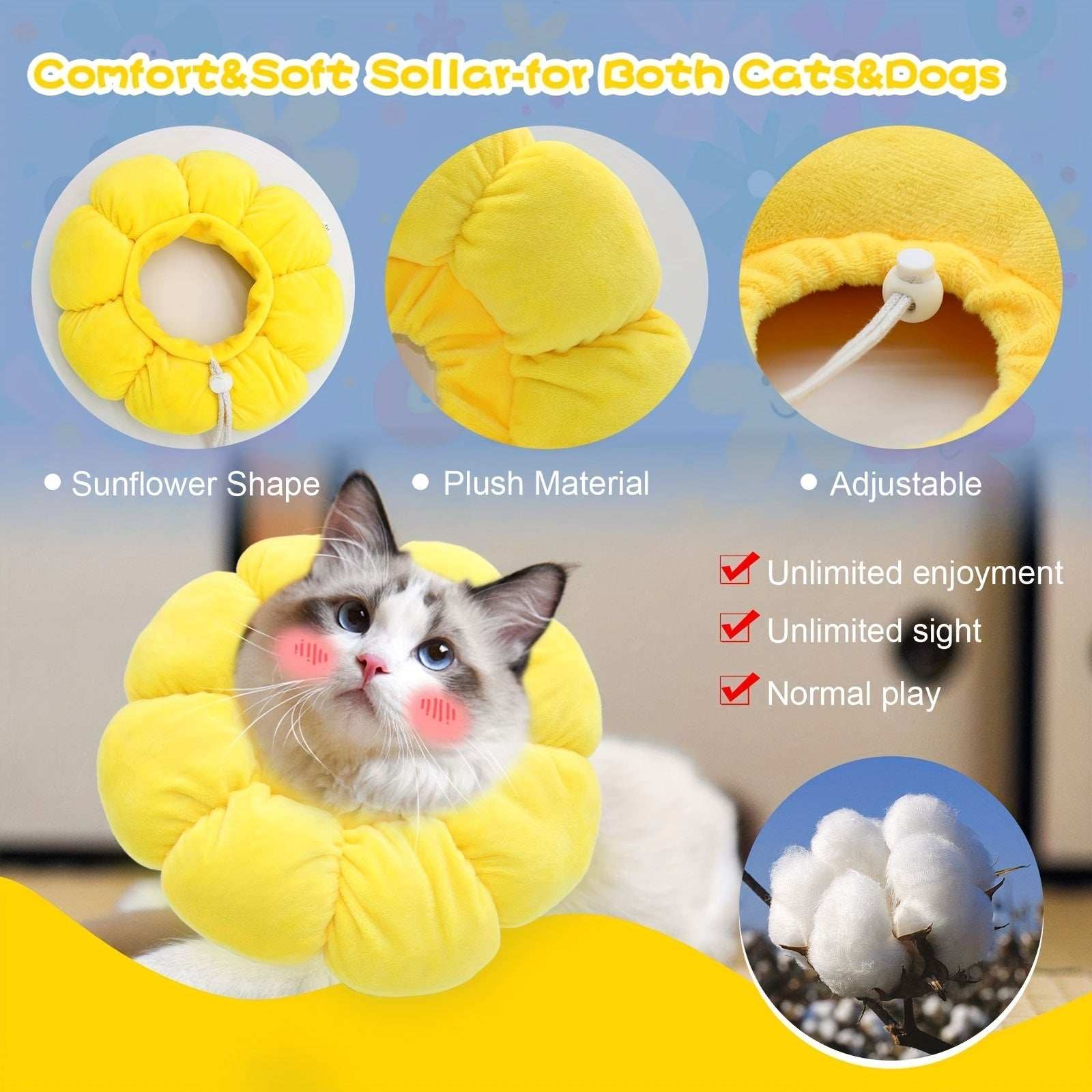 Wefulfil Recovery Neck Cone in sunflower shape plush material for cats and dogs with adjustable design