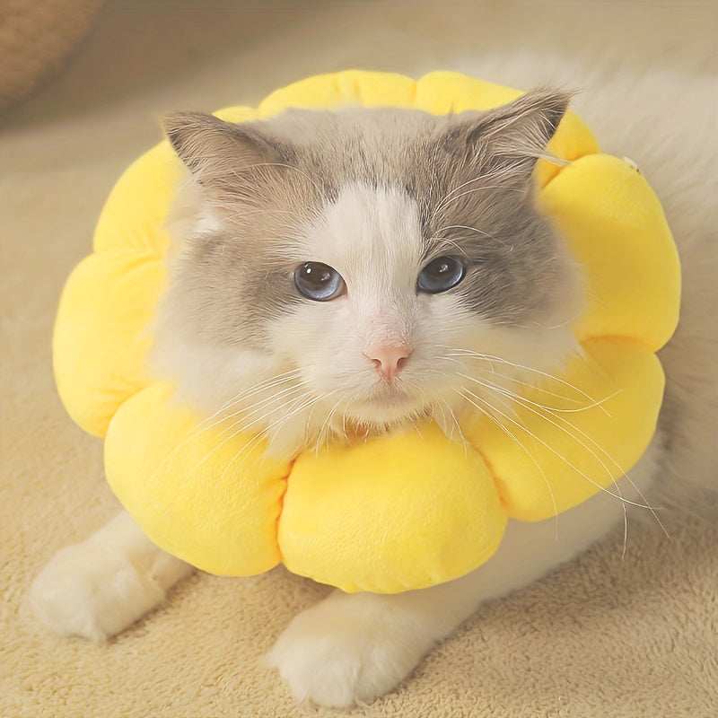 Wefulfil Recovery Neck Cone in soft yellow plush worn by a relaxed cat for wound protection
